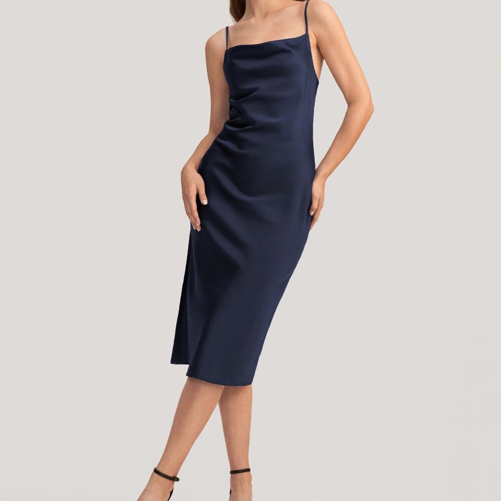 NWT LILYSILK Minimalist Navy Blue Cowl Neck 100 Silk Slip Dress size Small 4-6